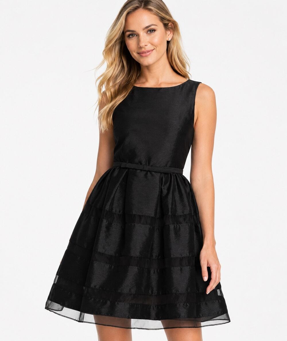 Taylor Black Sheer Stripe Fit & Flare Cocktail Party Dress Bow Waist Mini Size 4